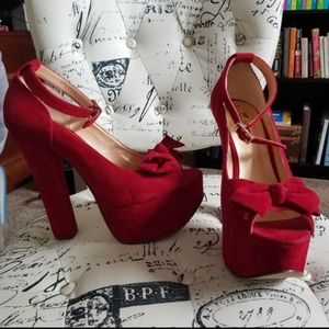 Luichiny red velvet bow heels